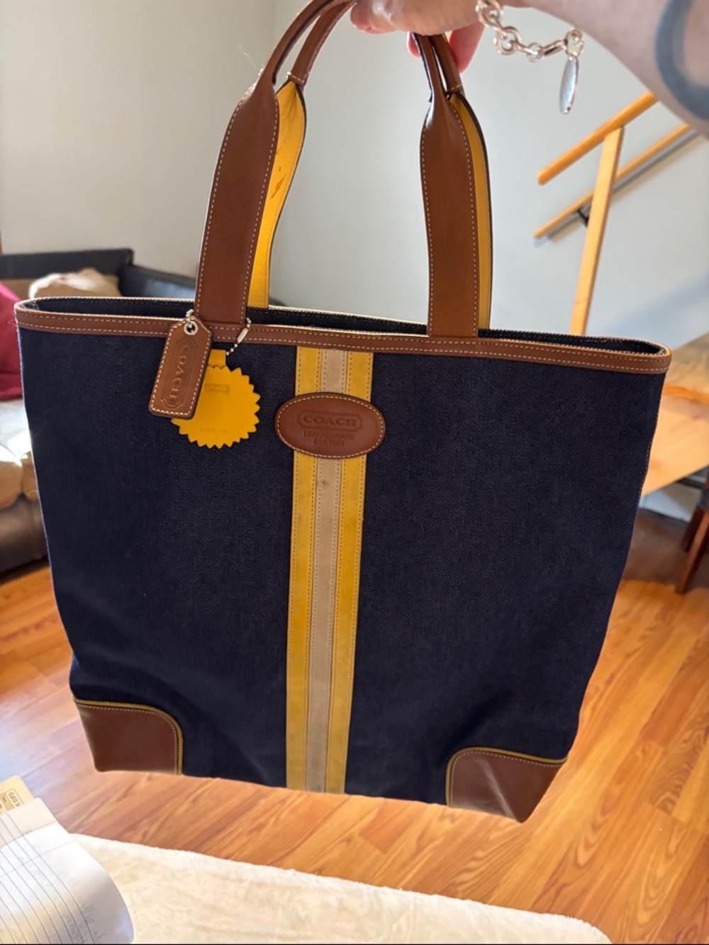 Coach Navy Canvas Tote with Yellow Stripe and Brown Leather Trim